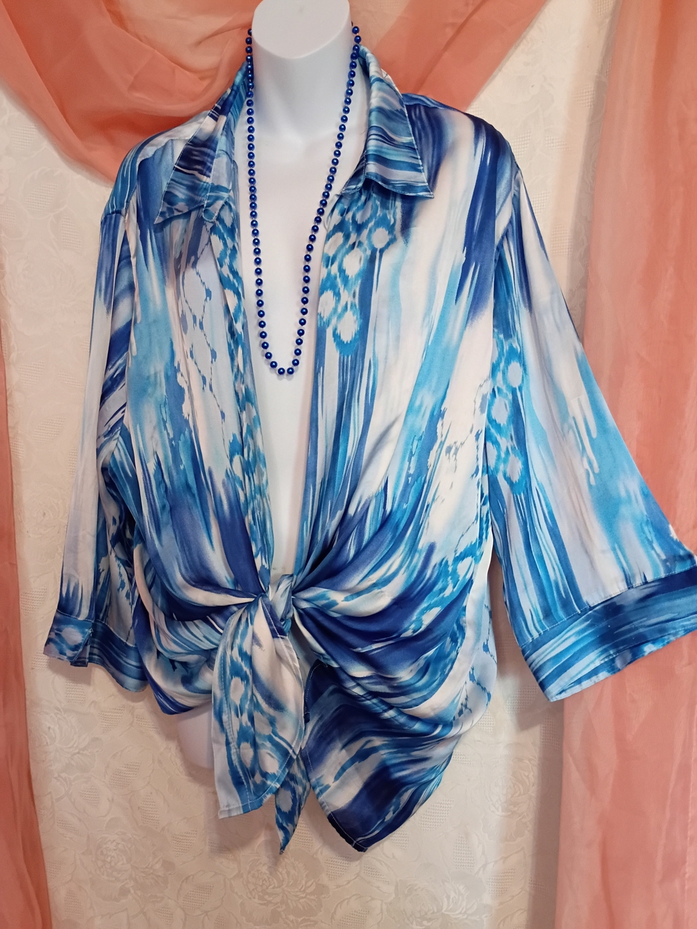 N Touch Ladies Blue Tie-Front Women's Blouse w/ Abstract Watercolor Print Sz 3X